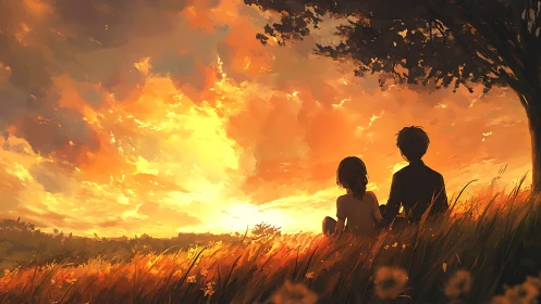 Soft sunset hillside with two friends sharing quiet wonder.