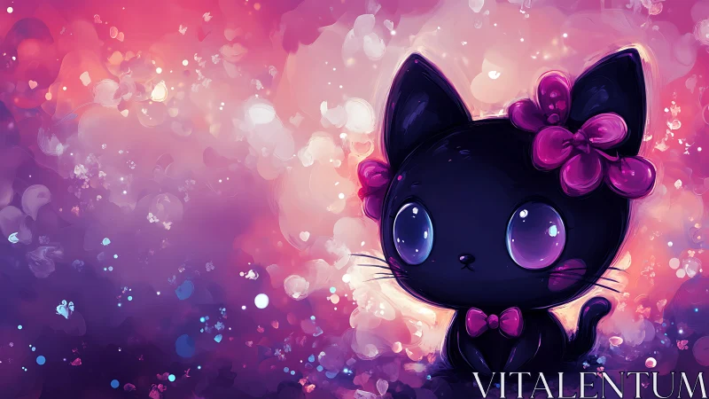 Cute violet-eyed black cat sits in dreamy bokeh light.
