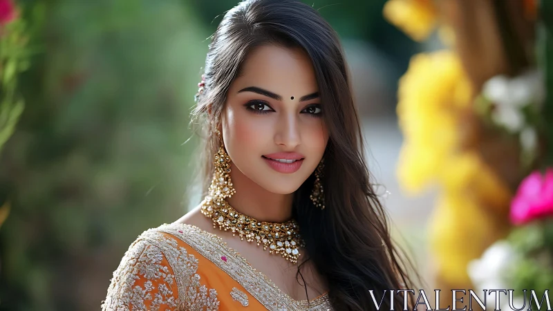 Woman in ornate orange saree with gold jewelry outdoors.