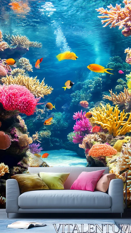 Colorful coral reef wall mural behind modern living room sofa.