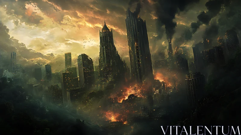 Skyscraper graveyard aglow in ember-choked twilight storm.