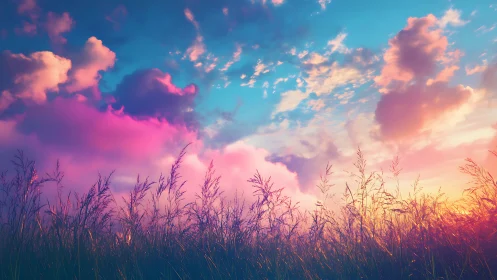 Sunlit wild grass silhouettes under vivid neon sunset sky