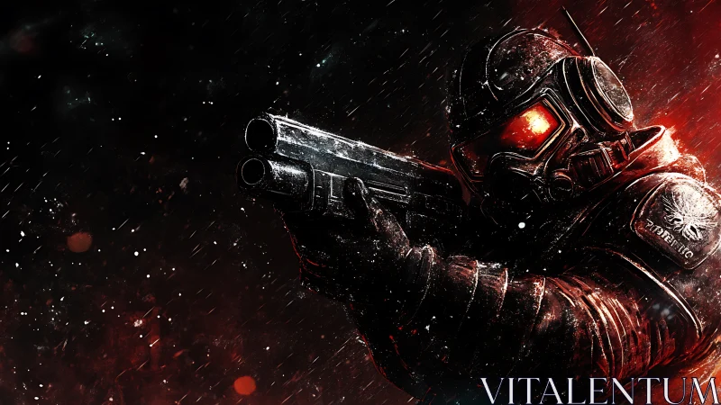 Armored soldier aims shotgun in red lit storm environment