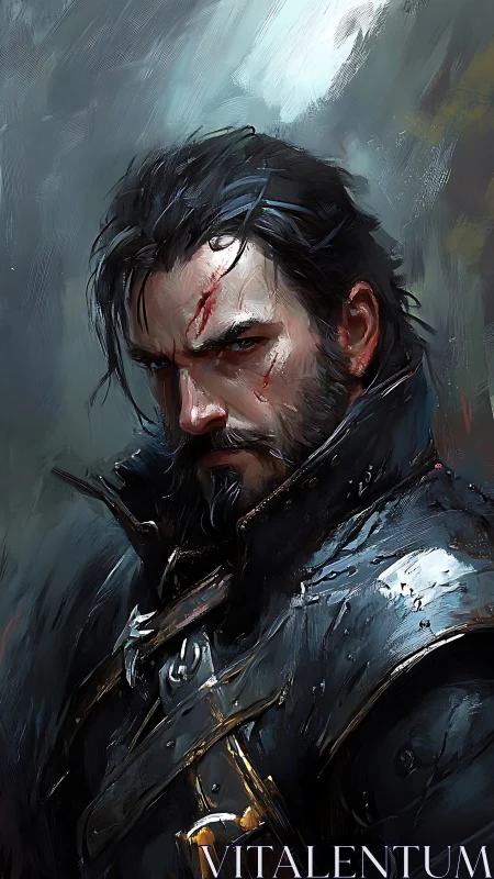 Scarred warrior in dark armor under stormy light.