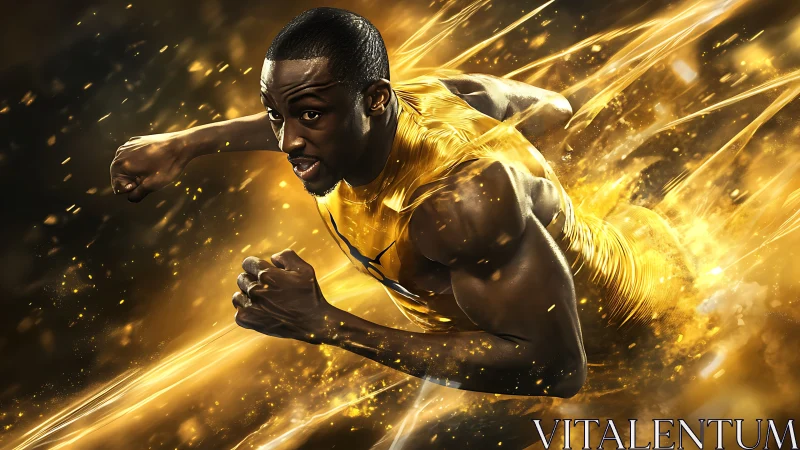 Sprinter carves molten gold trails through a storm of light