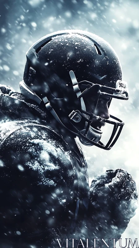 Gritted football warrior in blizzard-lit sideline profile.