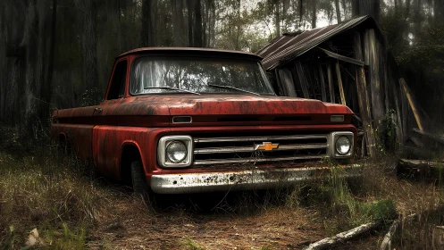 Weathered red pickup resting beside decaying wooden shed.
