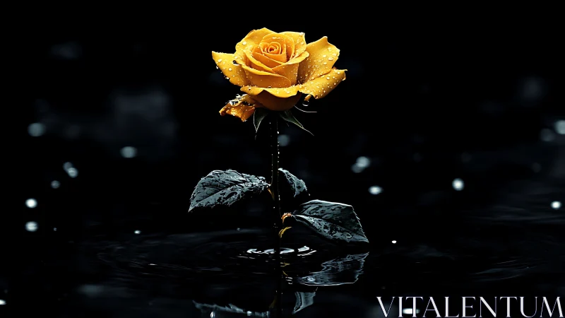 Golden Rose with Water Droplets Against Black Background.