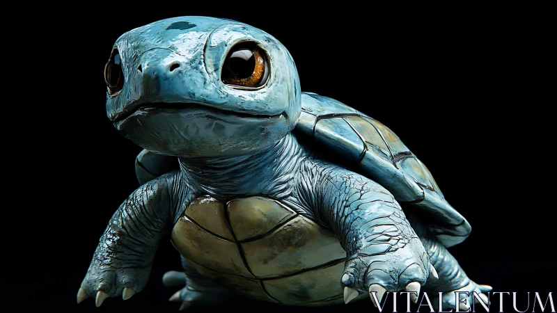 Blue baby turtle creature on dark background portrait.