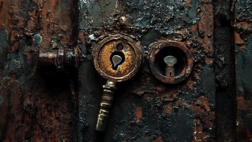 Weathered key and rusted lock sharing quiet forgotten stories.