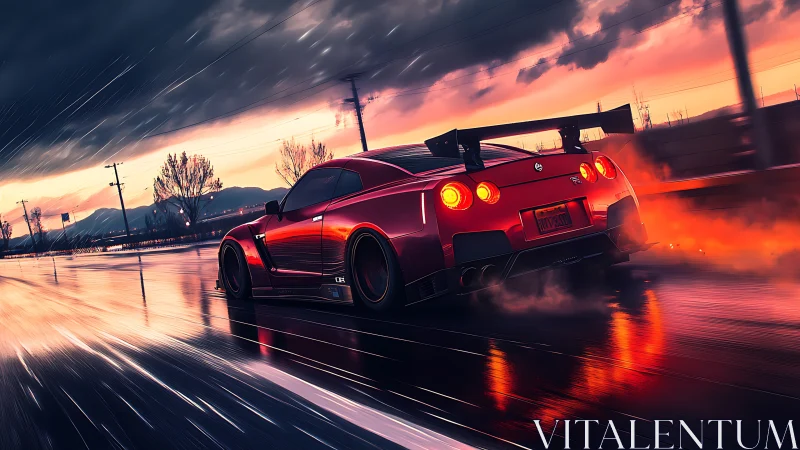 Red sports car drifts across wet highway at neon sunset