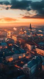 Twilight aerial of historic European city under warm fog glow.
