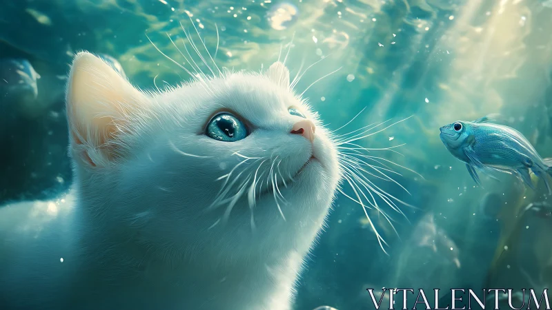 White cat with striking turquoise eyes observes small blue fish underwater.