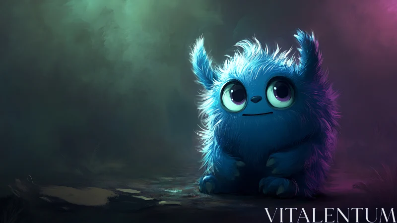 Blue furry creature sits under diffused colored lighting