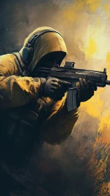 Hooded tactical shooter with compact carbine in warm haze