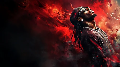 Fiery hip hop dreamer rising through swirling red smoke.