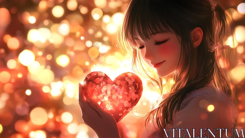Softly glowing girl cradles a heart of warm sparkling light