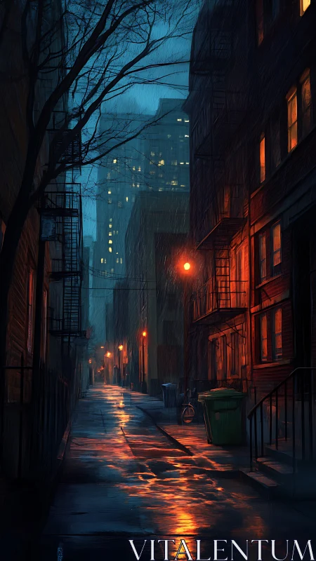 Rain-soaked urban alleyway under streetlights at night.