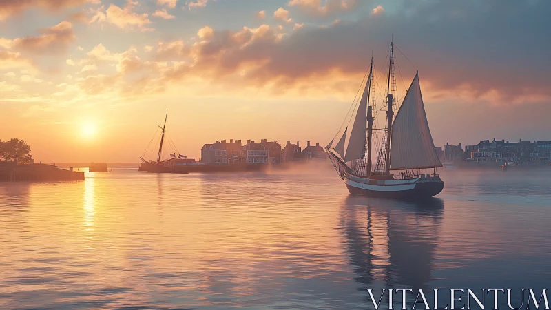 Tall ship crossing misty harbor at warm sunrise glow.