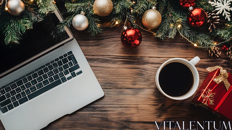Holiday workspace desk with laptop, coffee, and decor.