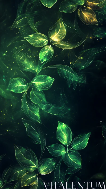 Luminous green fractal leaves on dark abstract background.