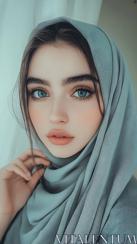Blue-eyed woman in soft teal headscarf, stylized portrait.