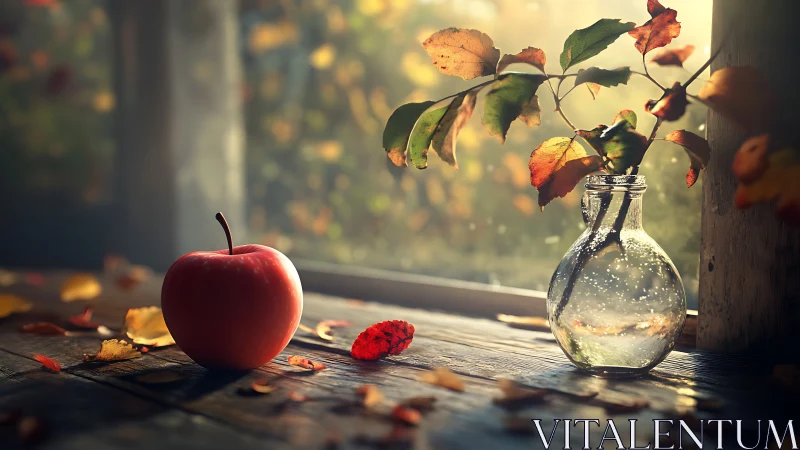 Autumn window still life with ruby apple and glowing leaves.