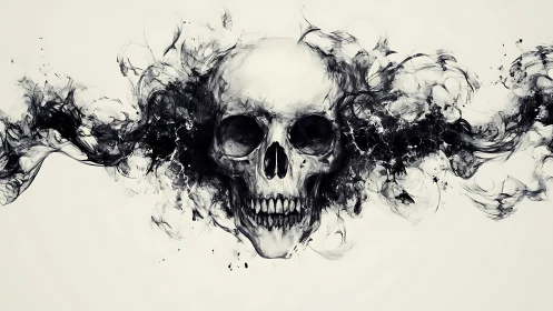 Ink-splatter skull illustration with symmetrical smoke tendrils.