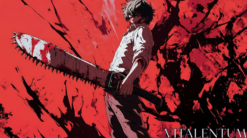 Blood-splattered chainsaw wielder in dynamic low-angle anime portrait