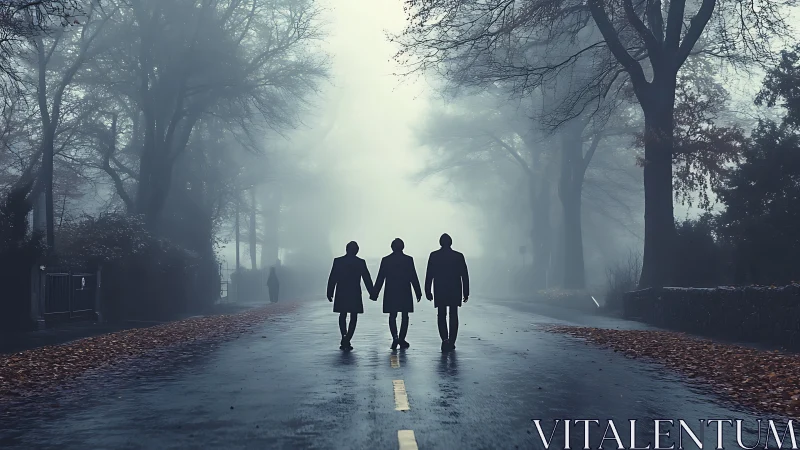 Three figures walking on a foggy tree-lined road at dawn.