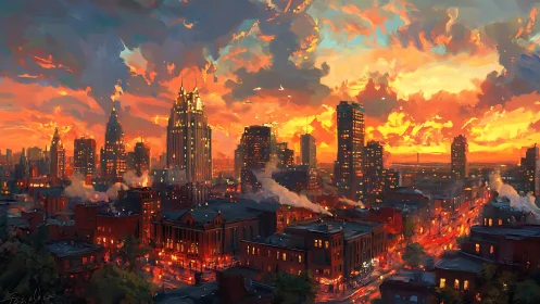 Fiery sunset skyline over glowing city streetscape.