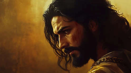 Side-lit warrior portrait emphasizes textured skin and wounded gaze