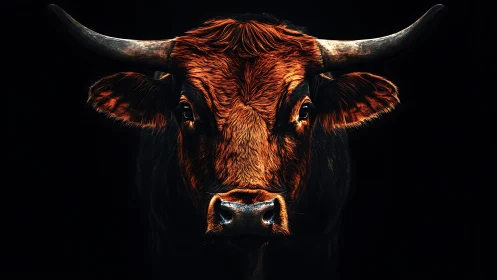 Strong horned bull portrait on black background.