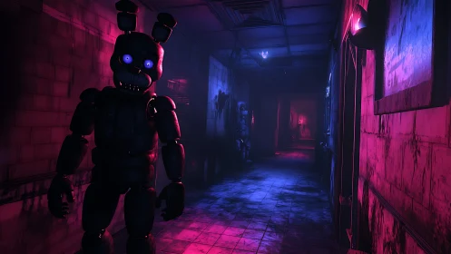 Animatronic figure in dim corridor under magenta lighting.