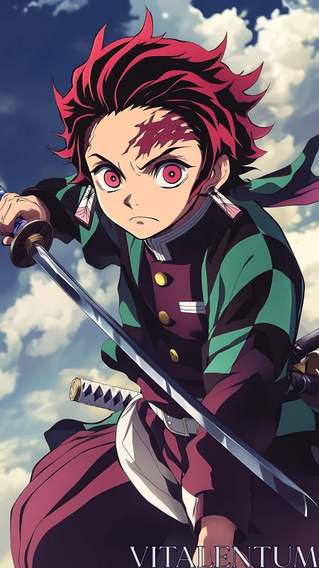 Skyward swordsman freezes mid-strike in a crimson gale