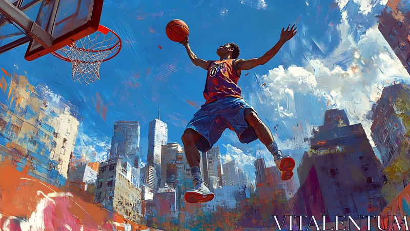 Basketball player jumps toward hoop over colorful city skyline