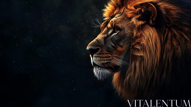 Golden-maned lion watching the quiet night in peace.