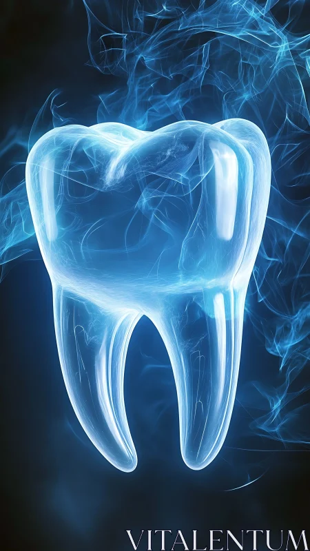 Glowing translucent tooth hovers within swirling blue light
