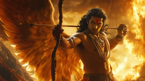 Winged warrior drawing bow in fiery golden battlefield.