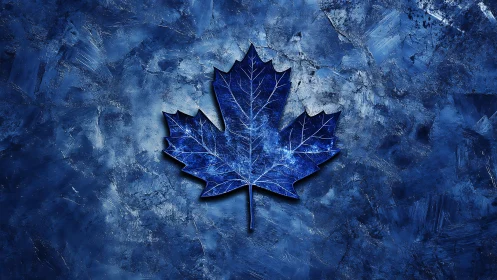 Blue maple leaf glows over textured abstract stone field.