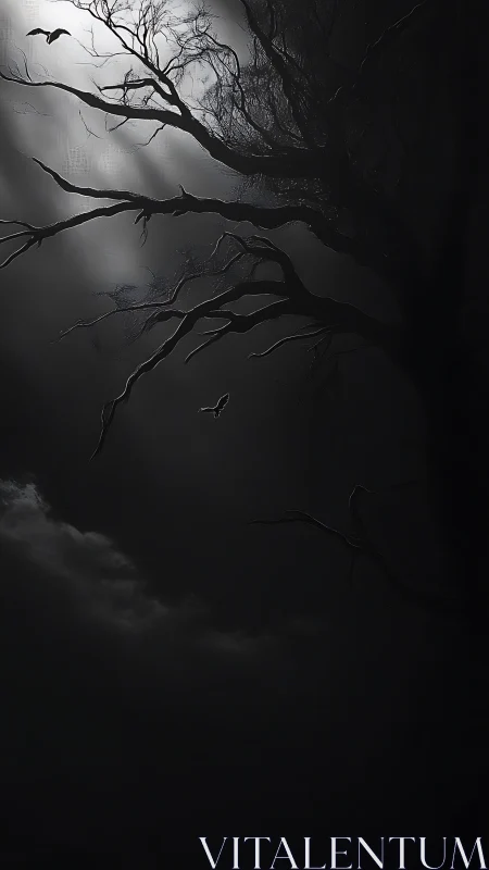 Moonlit branches script eerie silhouettes across stormed sky