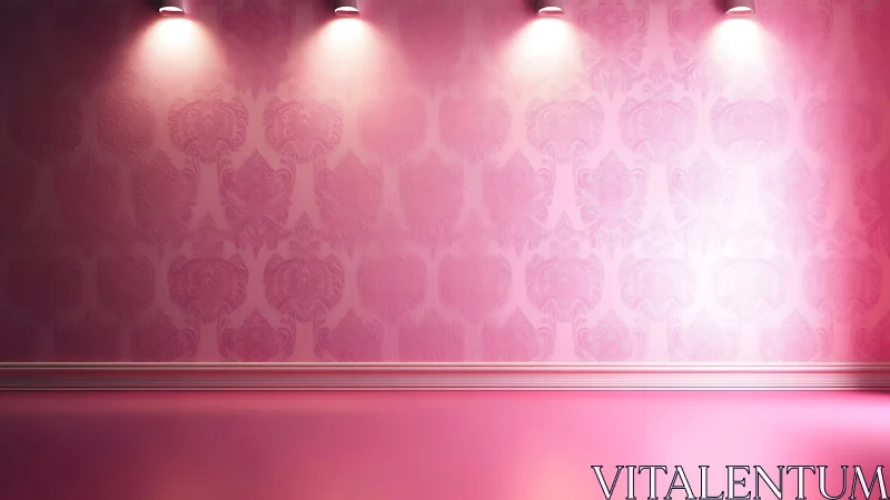 Soft pink gallery wall glows gently under warm spotlights