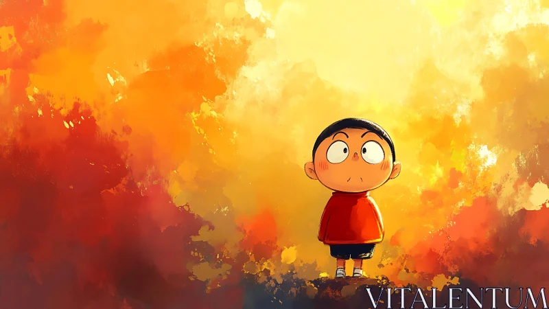 Cartoon child stands amid vivid orange abstract light.