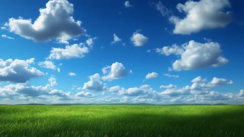 Photorealistic open grassland under sculpted cumulus sky.