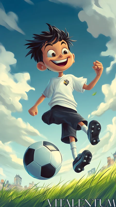Energetic boy kicking soccer ball under stylized city sky.