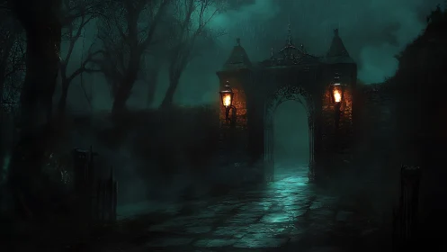 Misty midnight gate where quiet lanterns guard the dark path.