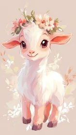Gentle flower-crowned baby goat glowing in soft pastels.