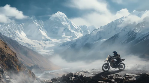 Motorcyclist rides rocky trail below towering snowy peaks.