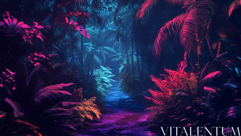 Neon-lit jungle path glows with dreamlike bioluminescent color.