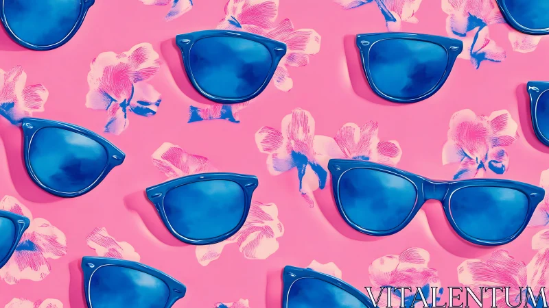 Electric blue sunglasses repeat over neon floral backdrop.